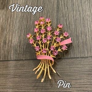Vintage Pin Rhinestone Brooch Floral Bouquet with Pink Enamel Accents